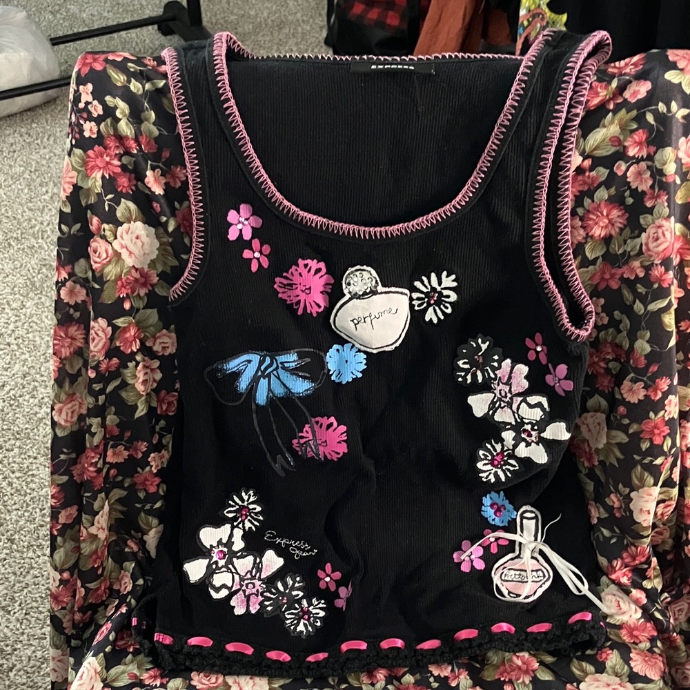 Black and Pink Kids Tank Top with Floral Design